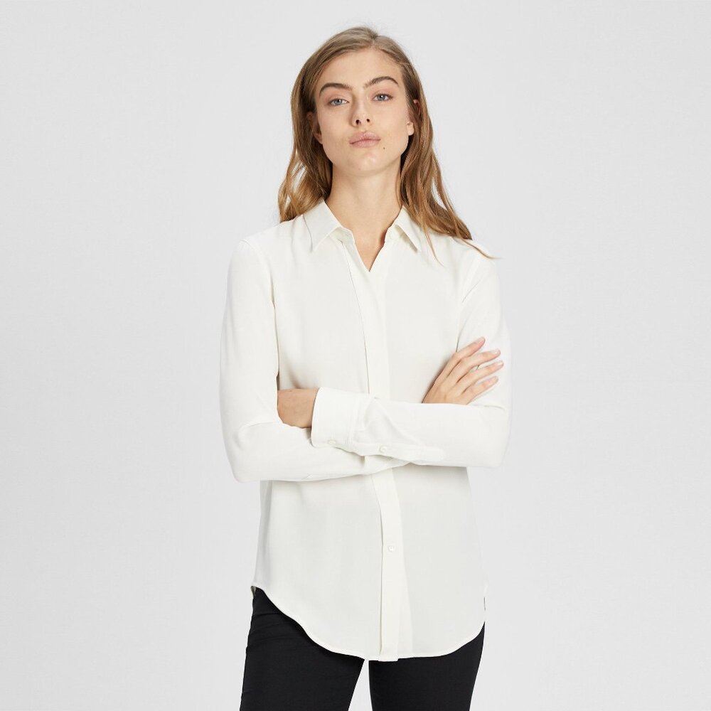 NWT Theory Women's Essential Button Down Silk Shirt Blouse in‎ Ivory P(XS) S